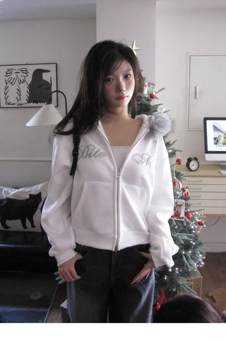 Hirit Two-Way Lettering Fur Hooded Zip-Up - 3 Colors