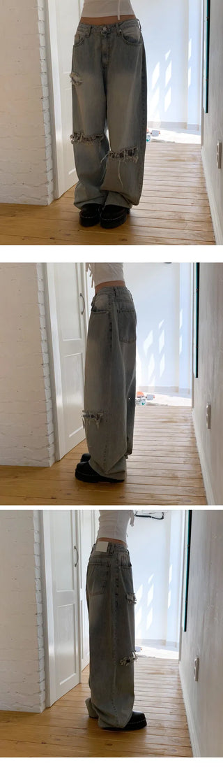 Lace Damage Vintage Faded Light Blue Pants