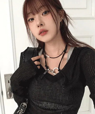 Deep V See-Through Long Sleeve Summer Knitwear - 3 Colors