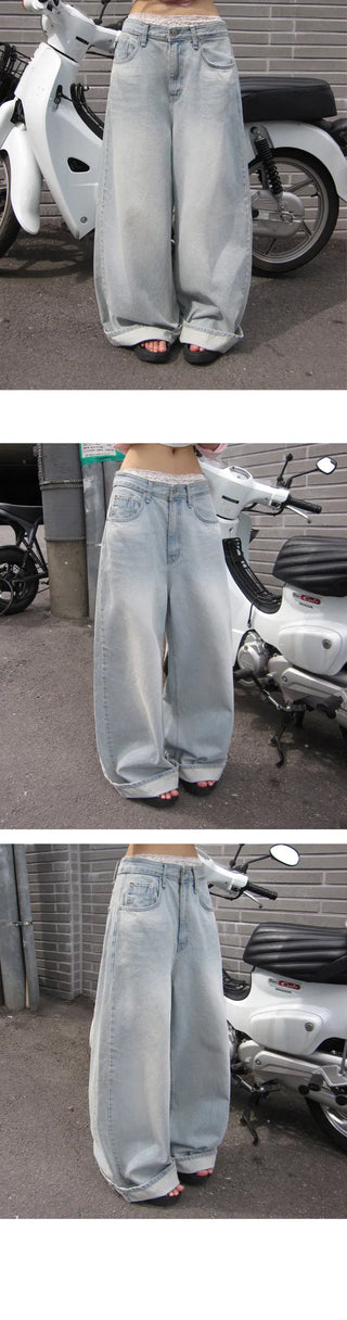 Highly Praised Split Super Wide Light Blue Faded Denim Pants