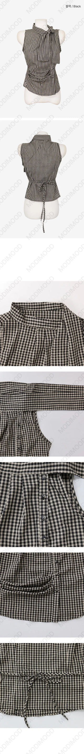 High Ribbon Check Shirred Blouse