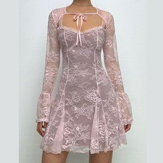Long flared sleeve lace shrug cami mini dress