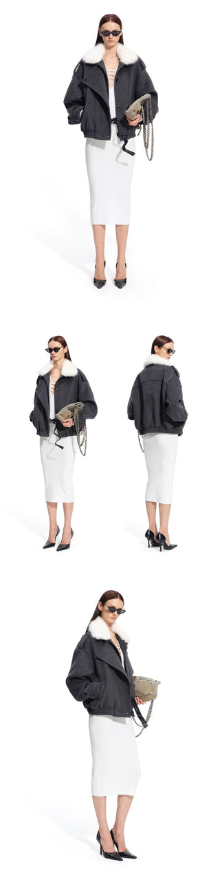 [NOTAWEAR] Faux Fur Collar Wool Blend Bomber  Jacket