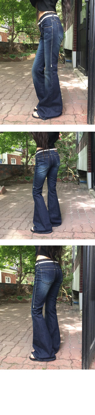 Green Stitch Dark Blue Blue Low Flared Denim Pants