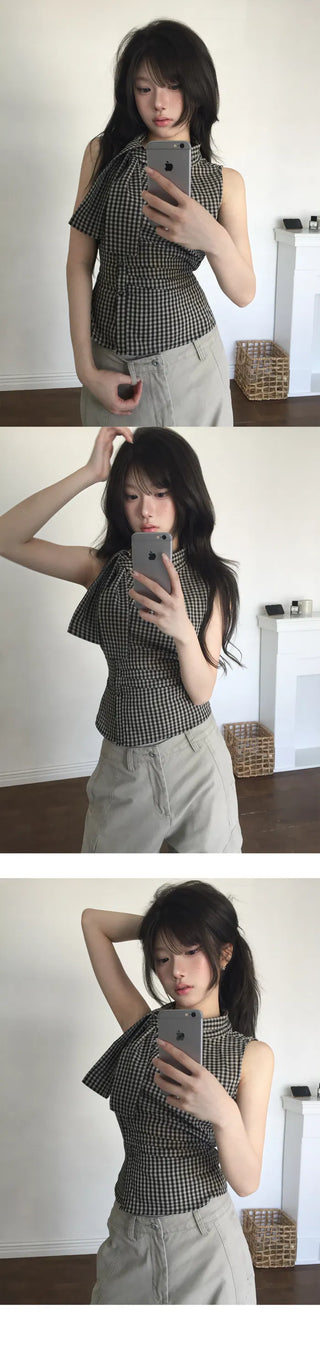 High Ribbon Check Shirred Blouse