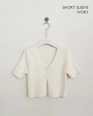 (Short-sleeved/Long-sleeved) Pastel Cropped V-neck Slim Button Ribbed Cardigan