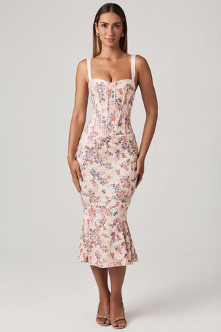Layered Bra-Detail Fishtail Midaxi Dress in Primrose Floral Print