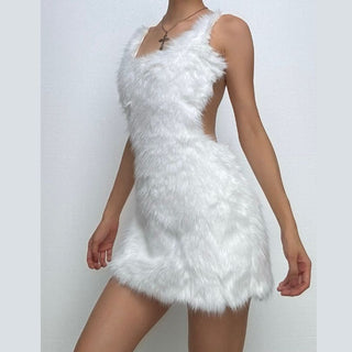 U neck fluffy zip-up backless cami mini dress