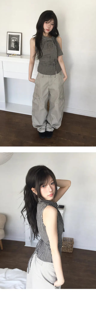 High Ribbon Check Shirred Blouse