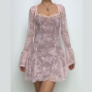 Long flared sleeve lace shrug cami mini dress