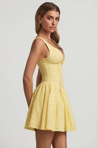 Broderie Anglaise Bow-Detail A-Line Mini Dress in Pastel Yellow