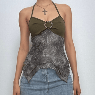 Ruched buckle print mesh ruffle cami top