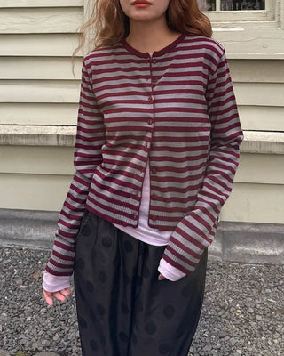 Round neck striped knit cardigan