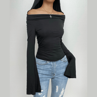 Cowl neck hoodie long flared sleeve solid 2-way top