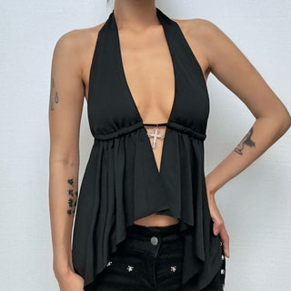 Self tie halter backless deep V neck top