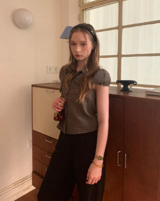 Checked cap-sleeve shirt blouse