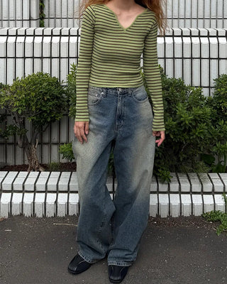 Keyhole neckline striped long-sleeve knit