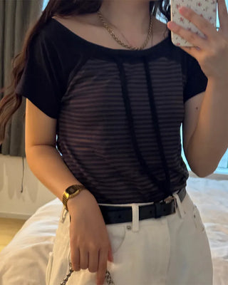 Raglan Border Off-Shoulder T-Shirt