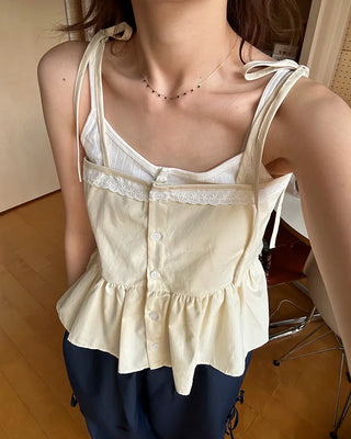 Lace-line shirred sleeveless blouse