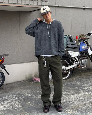 Cable knit oversized V-neck sweater