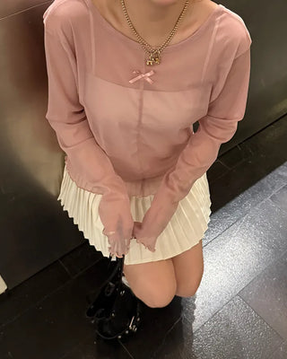 Ribbon sheer long-sleeve T-shirt
