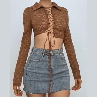 Turnover collar long sleeve lace up lace crop top