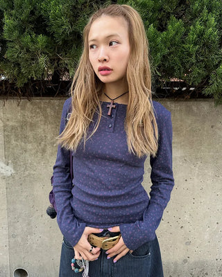 Flower Henley Neck Pointelle Long T-Shirt