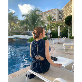 Back Shirred Open Denim Dress