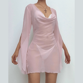 Cowl neck long sleeve backless chiffon mini dress
