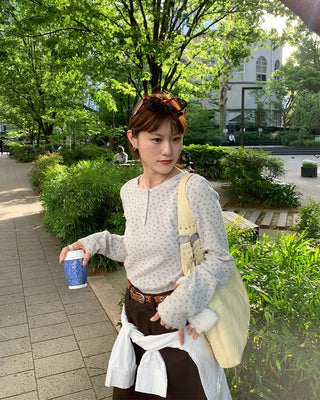 Flower Henley Neck Long T-Shirt
