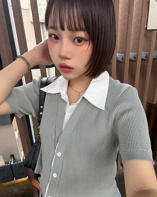 Shirt-style short-sleeved cardigan