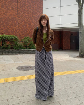 Checked drawstring long skirt