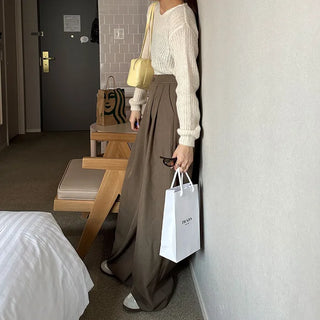 Double-pleated wide-leg slacks