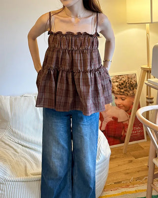 Frilled Shirring Check Sleeveless Dress