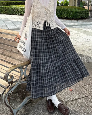 Checked Shirred Long Skirt
