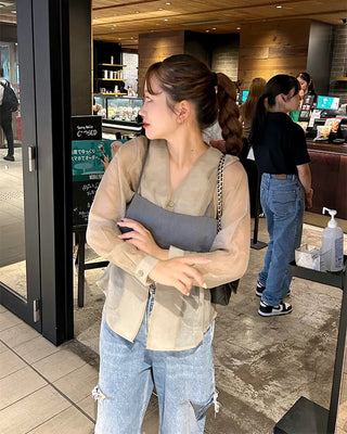 See-through balloon button blouse