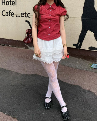 Gingham check puff sleeve shirt