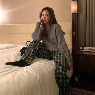 Checked wide banding pants