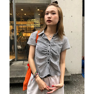 Cropped check shirred shirt