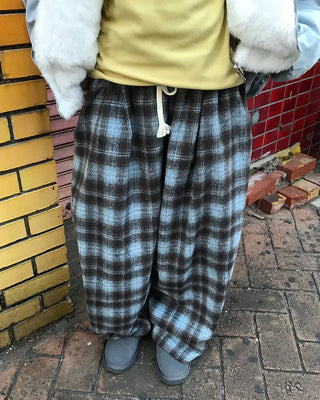 Checked wide-leg pants with string waistband