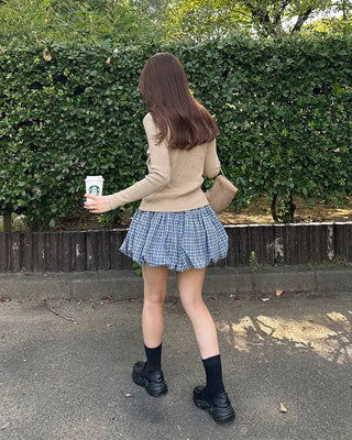 Belted check balloon mini skirt