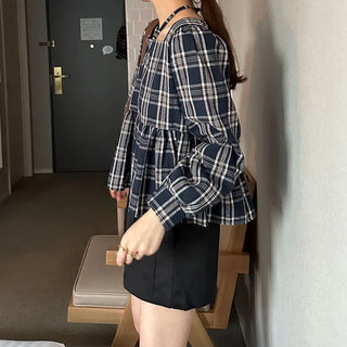 2-way check peplum blouse