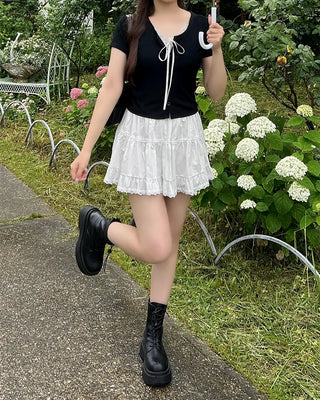 Tiered lace ruffle mini skirt