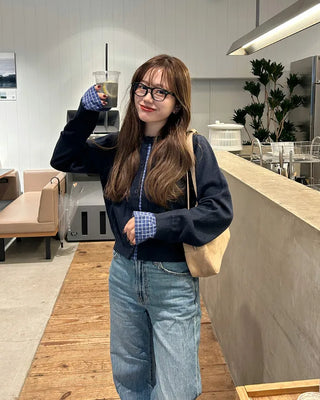 Checked two-tone knit cardigan