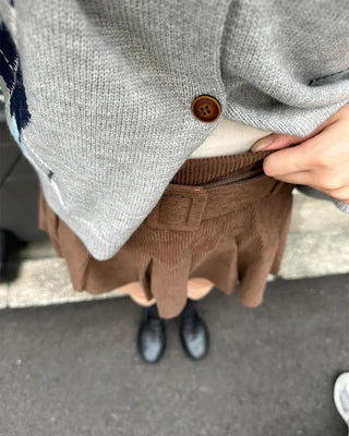 Belted corduroy pleated mini skirt