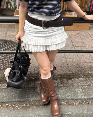 Shirred tiered pleated mini skirt