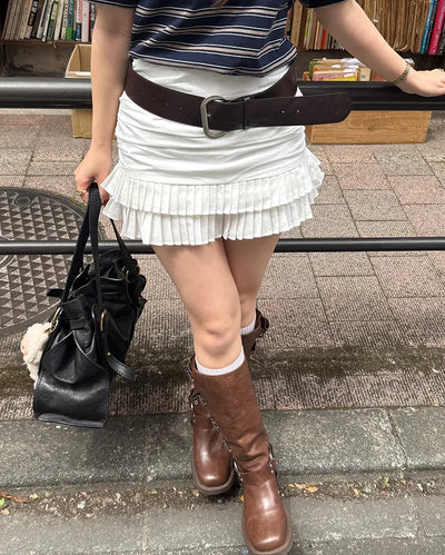 Shirred tiered pleated mini skirt