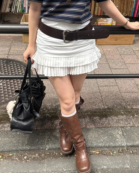 Shirred tiered pleated mini skirt