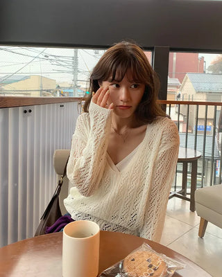 V-neck perforated knit