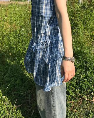 Checkered frill ribbon dress
